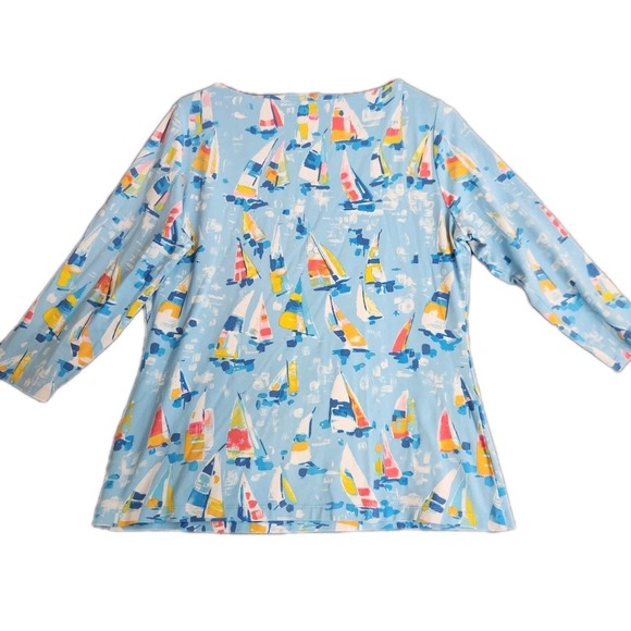 J. McLaughlin Blue Nautical Sailboat Catalina Cloth Wavesong Top 3/4 Sleeve Sz L - Picture 2 of 9